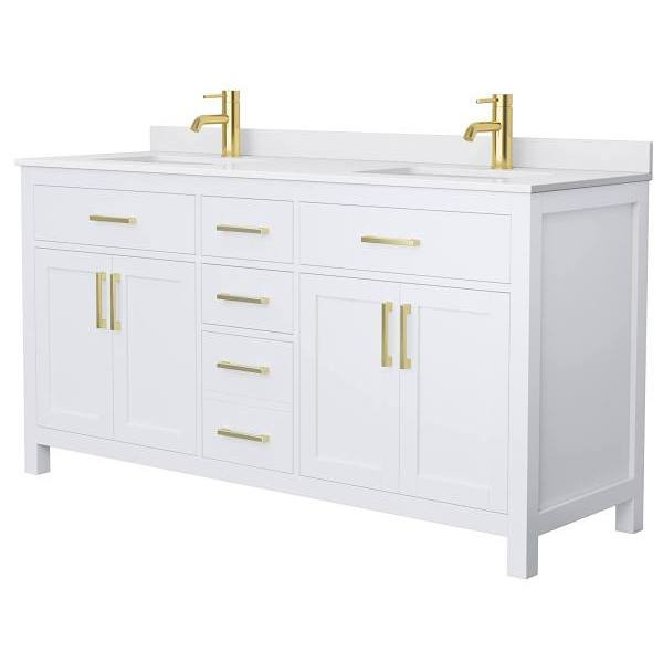 Wyndham Beckett 66" White Double Vanity, White Marble Top, Gold Trim