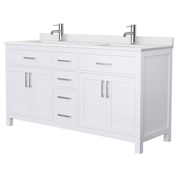 Wyndham Beckett 66" White Double Vanity, White Marble Top