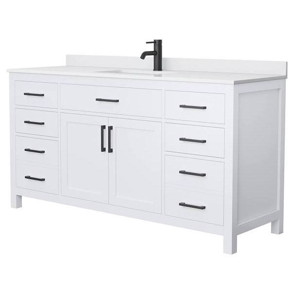 Wyndham Beckett 66" White Single Vanity, White Marble Top, Black Trim