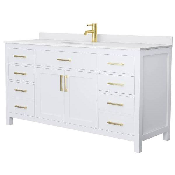 Wyndham Beckett 66" White Single Vanity, White Marble Top, Gold Trim