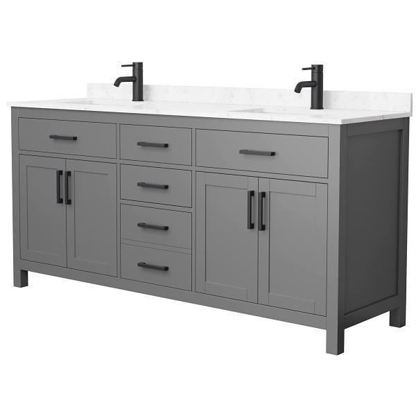 Wyndham Beckett 72" Dark Gray Double Vanity, Carrara Marble Top, Black Trim