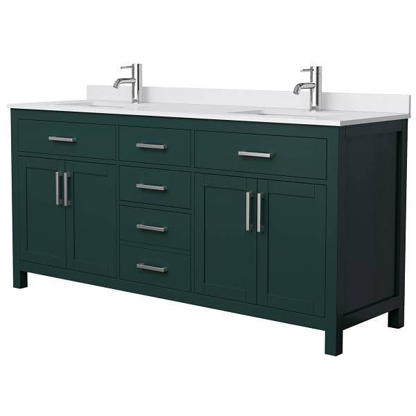 Wyndham Beckett 72" Green Double Vanity, White Marble Top, Nickel Trim