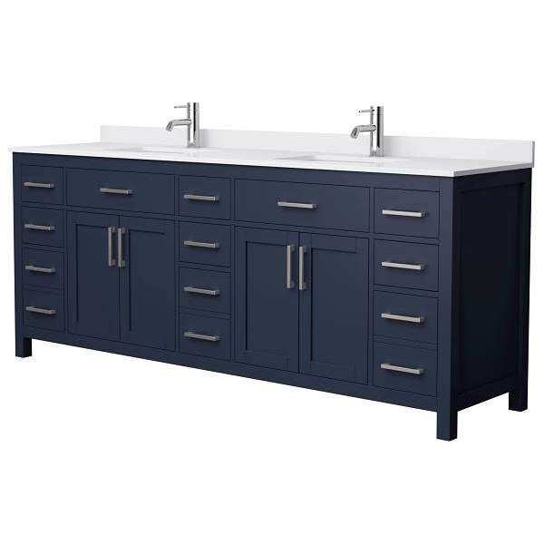 Wyndham Beckett 84" Dark Blue Double Vanity, White Marble Top, Nickel Trim
