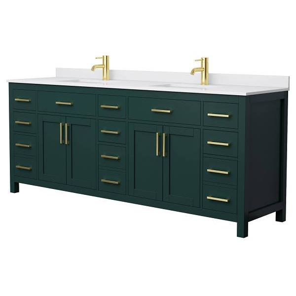 Wyndham Beckett 84" Green Double Vanity, White Marble Top, Gold Trim