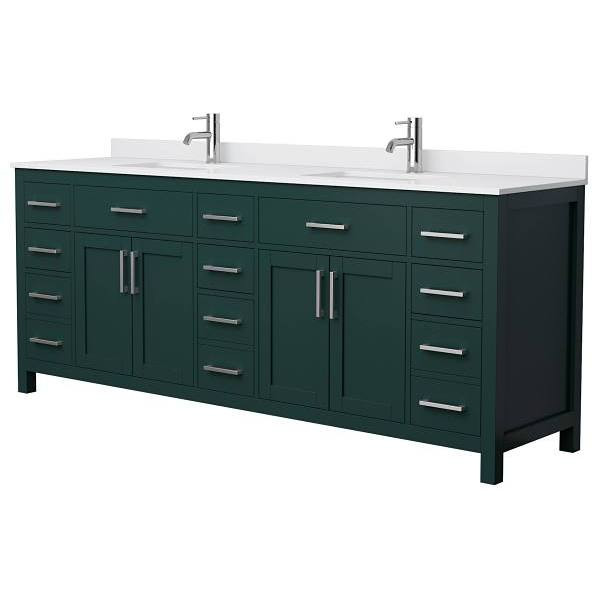 Wyndham Beckett 84" Green Double Vanity, White Marble Top, Nickel Trim