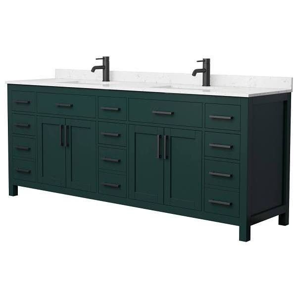 Wyndham Beckett 84" Green Double Vanity, Carrara Marble Top, Black Trim