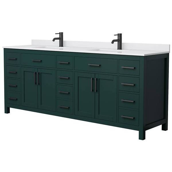 Wyndham Beckett 84" Green Double Vanity, White Marble Top, Black Trim