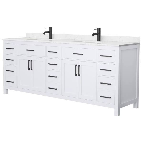 Wyndham Beckett 84" White Double Vanity, Carrara Marble Top,black Trim