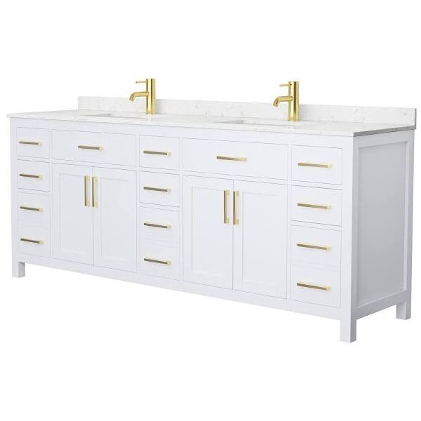 Wyndham Beckett 84" White Double Vanity, Carrara Marble Top, Gold Trim