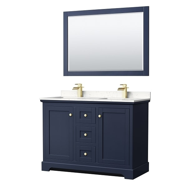 Wyndham Avery 48" Dark Blue Double Vanity, Carrara Marble Top, 46" Mirror
