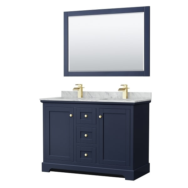 Wyndham Avery 48" Dark Blue Double Vanity, Carrara Marble, Square Sinks, Mirror