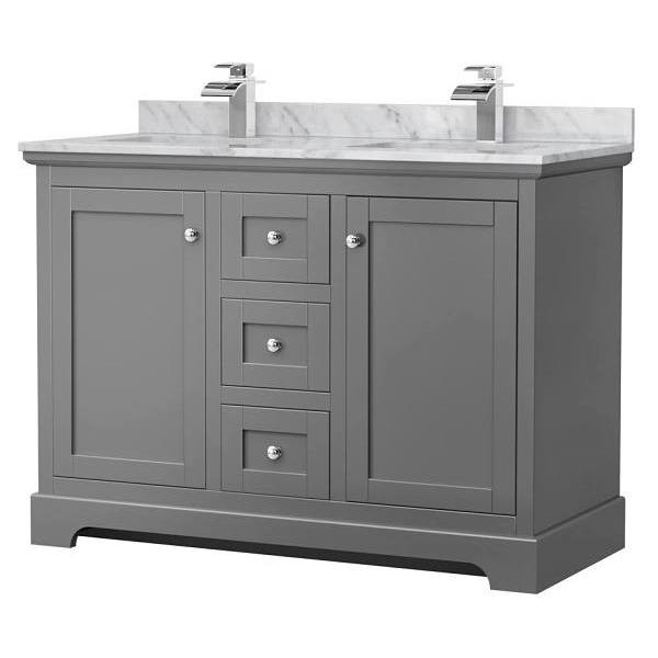 Wyndham Avery 48" Dark Gray Double Vanity, Carrara Marble Top, Square Sinks