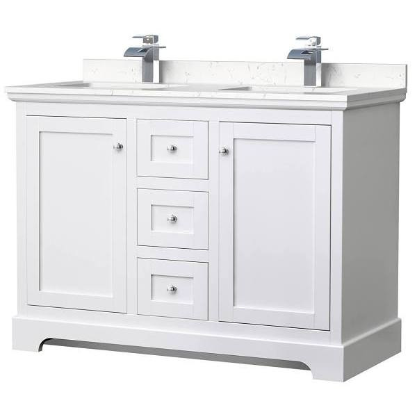 Wyndham Avery 48" White Double Vanity, Carrara Marble Top
