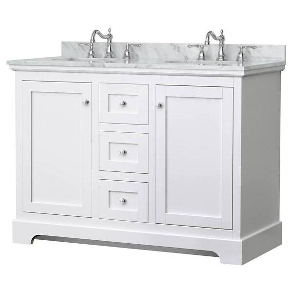Wyndham Avery 48" White Double Vanity, Carrara Marble Top, Oval Sinks