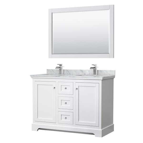 Wyndham Avery 48" White Double Vanity, Carrara Marble, Square Sinks, 46" Mirror