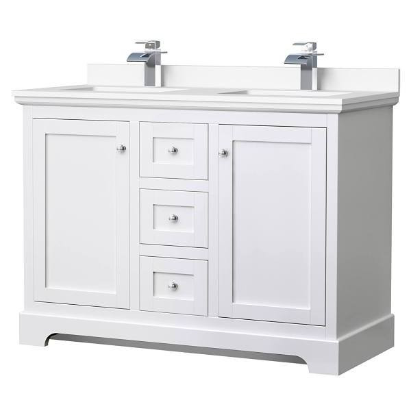 Wyndham Avery 48" White Double Vanity, White Marble Top
