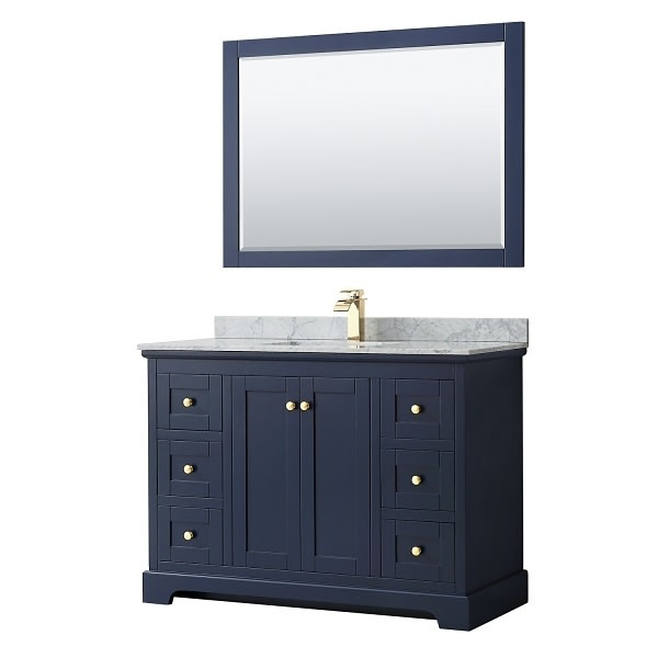Wyndham Avery 48" Dark Blue Single Vanity, Carrara Marble, Square Sink, Mirror
