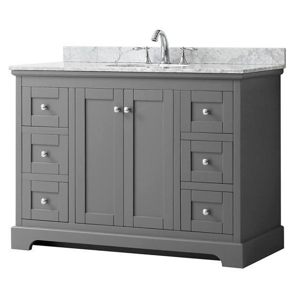 Wyndham Avery 48" Dark Gray Single Vanity, Carrara Marble Top, Oval Sink