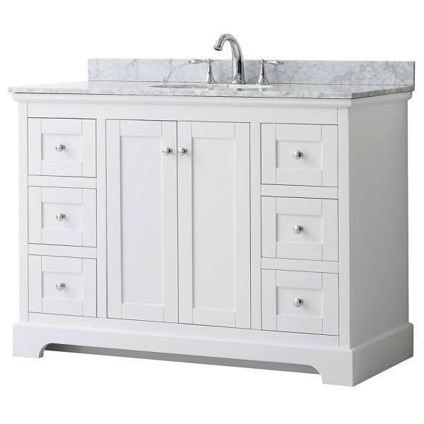 Wyndham Avery 48" White Single Vanity, Carrara Marble Top, Oval Sink