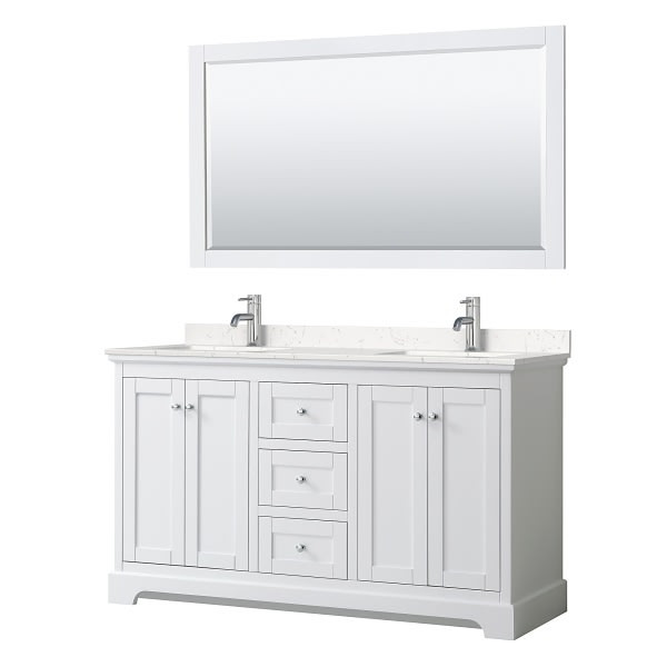 Wyndham Avery 60" White Double Vanity, Carrara Marble Top, 58" Mirror