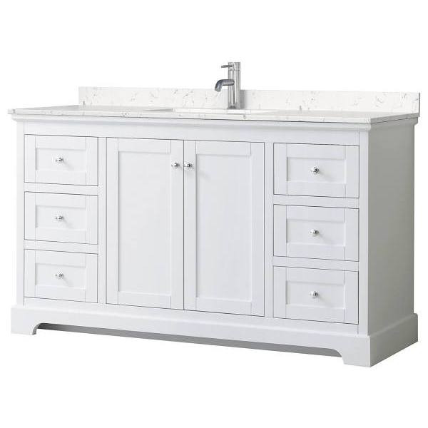 Wyndham Avery 60" White Single Vanity, Carrara Marble Top