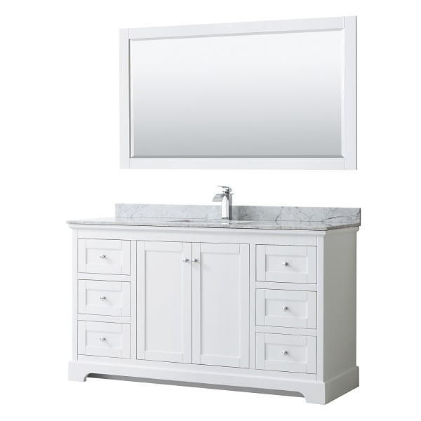 Wyndham Avery 60" White Single Vanity, Carrara Marble, Square Sink, 58" Mirror