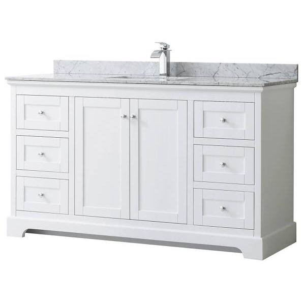 Wyndham Avery 60" White Single Vanity, Carrara Marble Top, Square Sink