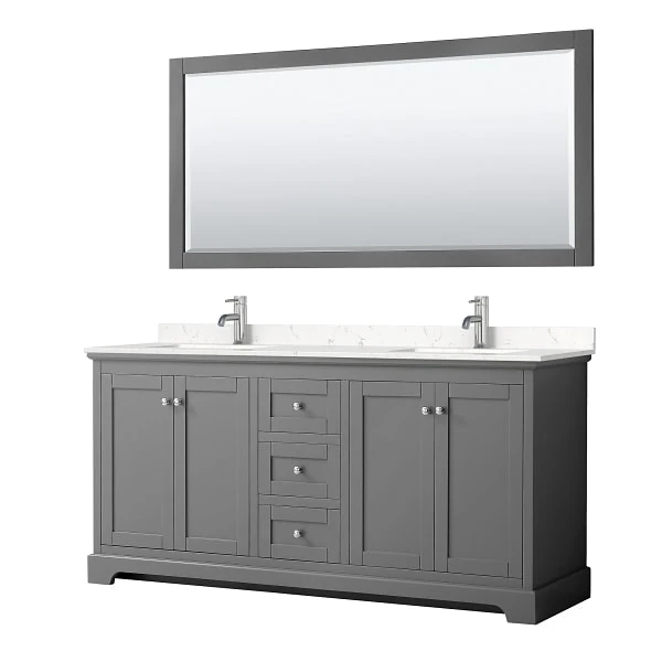 Wyndham Avery 72" Dark Gray Double Vanity, Carrara Marble Top, 70" Mirror