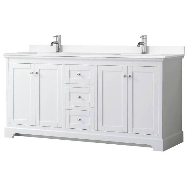 Wyndham Avery 72" White Double Vanity, White Marble Top
