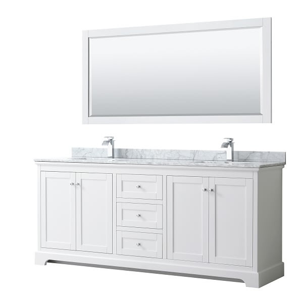 Wyndham Avery 80" White Double Vanity, Carrara Marble, Square Sinks, 70" Mirror