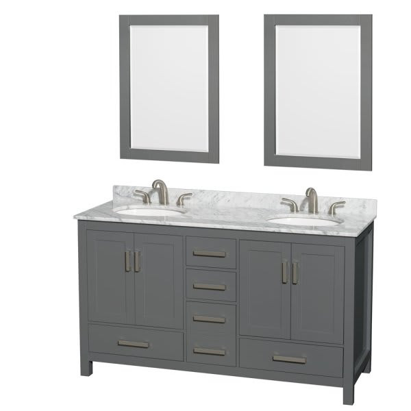 Wyndham Sheffield Dark Gray Double Bathroom Vanity 60" With Oval Sink And Mirror