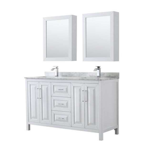 Wyndham Daria White Double Bath Vanity 60" With Square Sink & Medicine Cabinet
