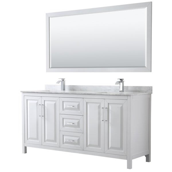 Wyndham Daria White Double Bath Vanity 72" With Square Sink & 70" Mirror