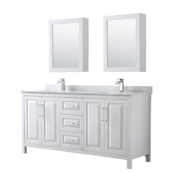 Wyndham Daria White Double Bath Vanity 72" With Square Sink & Medicine Cabinet