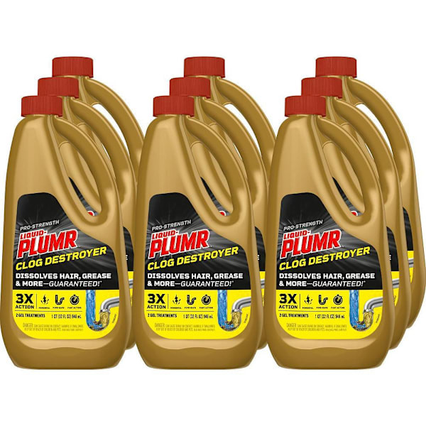 Liquid Plumr Pro-Strength Clog Destroyer, Liquid Drain Cleaner With Pipeguard, 32 Fl Oz, Case Of 9