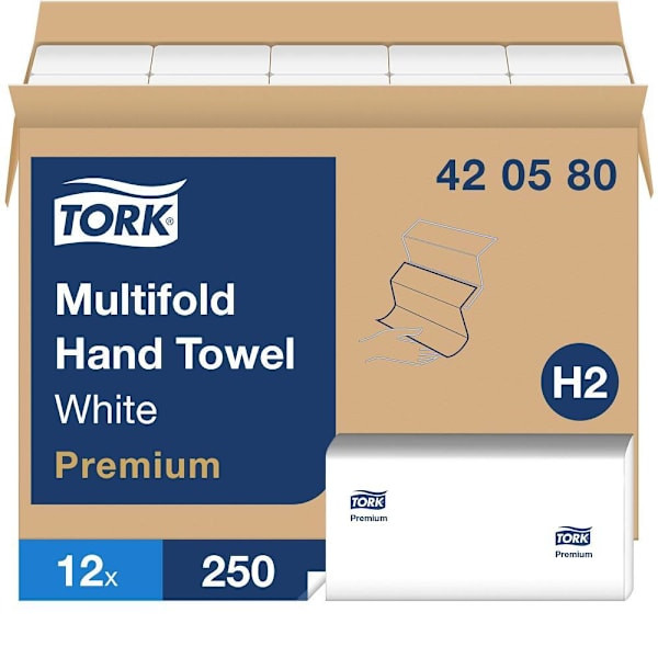 Tork Multifold Hand Towel, Premium, Soft And Absorbent, White, H2 (12 Packs X 250 Sheets)
