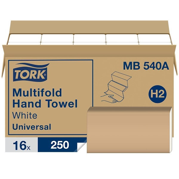 Tork Multifold Paper Hand Towel, Universal, White, H2 (16 Packs X 250 Towels)