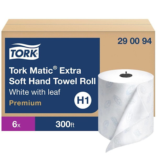 Tork Matic Extra Soft Hand Towel Roll, High Absorbency, Premium, White With Blue Leaf, H1 (6 Rolls X 300 Ft)