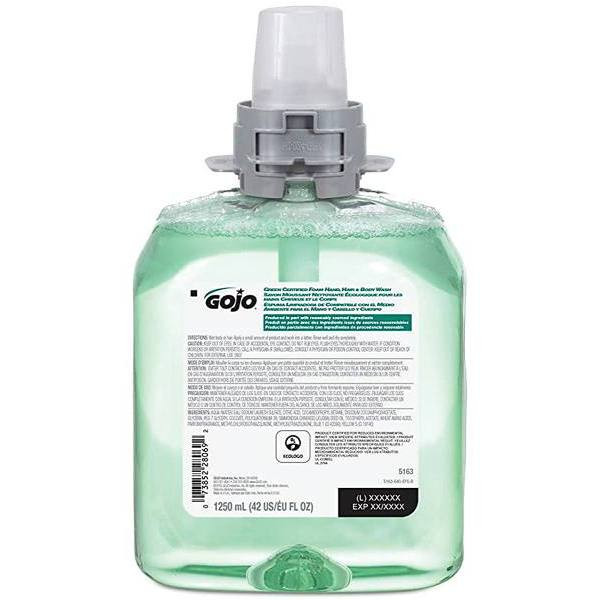 Gojo Green Certified Foam Hand, Hair & Body Wash, Cucumber Melon, 1250 mL Refill For Push-Style Dispenser, Case Of 4