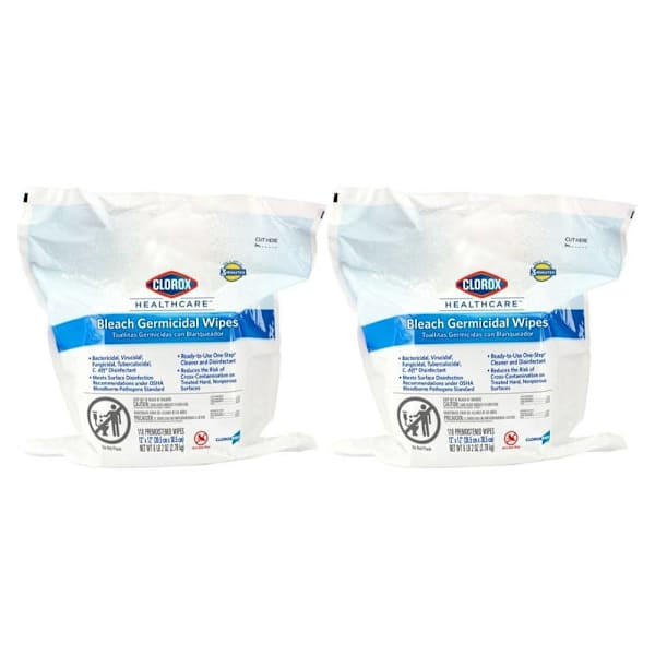 Clorox Healthcare Bleach Germicidal Wipes, 12" X 12", Refill For Bucket, 100 Count Pouch, Case Of 2