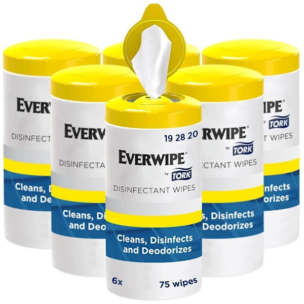 Everwipe By Tork Disinfectant Wipe Canisters, 1-Ply, White, 75 Sheets Per Canister, Case Of 6