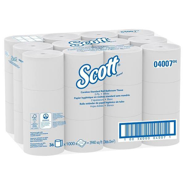 Scott Essential 2-Ply Standard Roll Coreless Toilet Paper, 36 Rolls-Case
