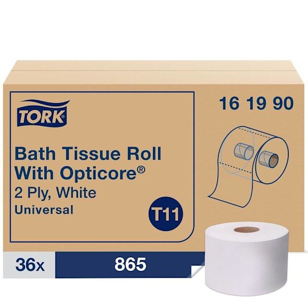Tork Opticore Mid-Size Toilet Paper Roll, Universal, 2-Ply, White, T11 (36 Rolls X 865 Sheets)