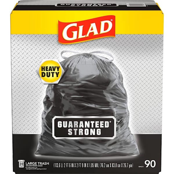 Glad Large Drawstring Trash Bags, 30 Gal, Heavy Duty, Black, 90/Case
