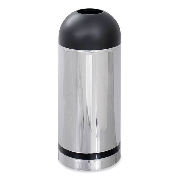 Safco Open Top Dome Waste Receptacle, Steel, 15 Gal, Stainless Steel/Black