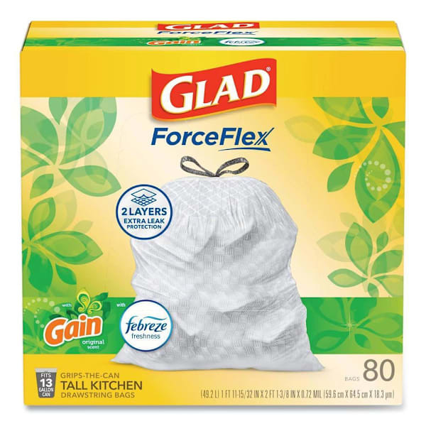 Forceflex Kitchen Drawstring Trash Bags, 13 Gal, Gain Original Scent, 24 X 27.38, White, 80/Box 367408