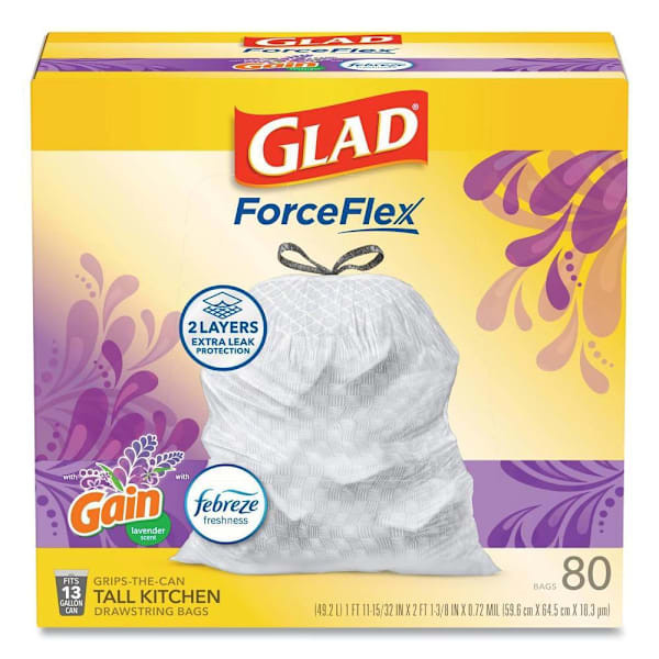 Forceflex Kitchen Drawstring Trash Bags, 13 Gal, Gain Lavender With Febreze Freshness, 24 X 27.38, White, 80/Box 367410