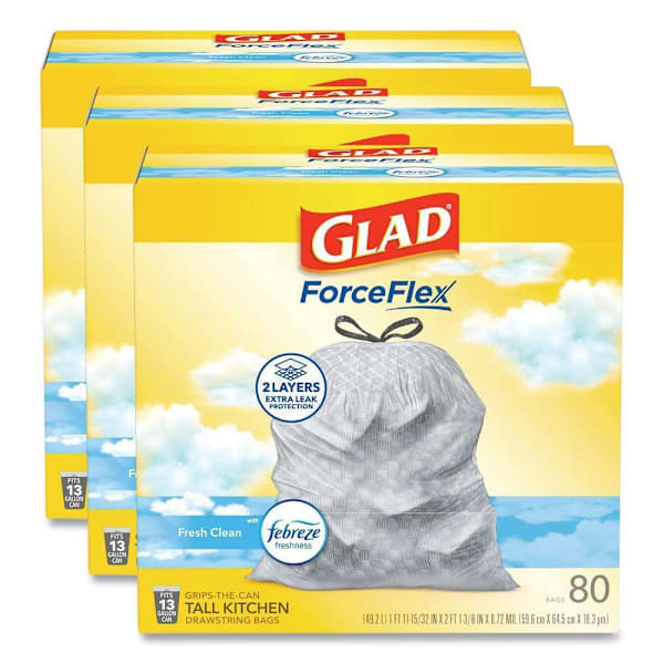 Forceflex Kitchen Drawstring Trash Bags, 13 Gal, Fresh Clean Scent, 24" X 27.38", White, 80 Bags/Box, 3 Boxes/Carton 367422