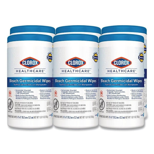 Bleach Germicidal Wipes, 1-Ply, 6 X 5, Unscented, White, 150/Canister, 6 Canisters/Carton