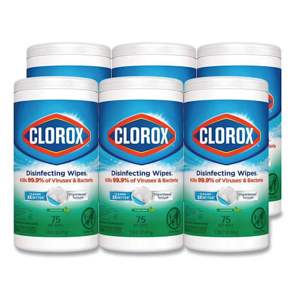 Disinfecting Wipes, Bleach Free Cleaning Wipes, 1-Ply, 7 X 8, Fresh Scent, White, 75/Canister, 6 Canisters/Carton